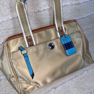 COACH Hampton Gold Blue Leather Weekend Small Tote F11992 Beautiful w/ Hangtag